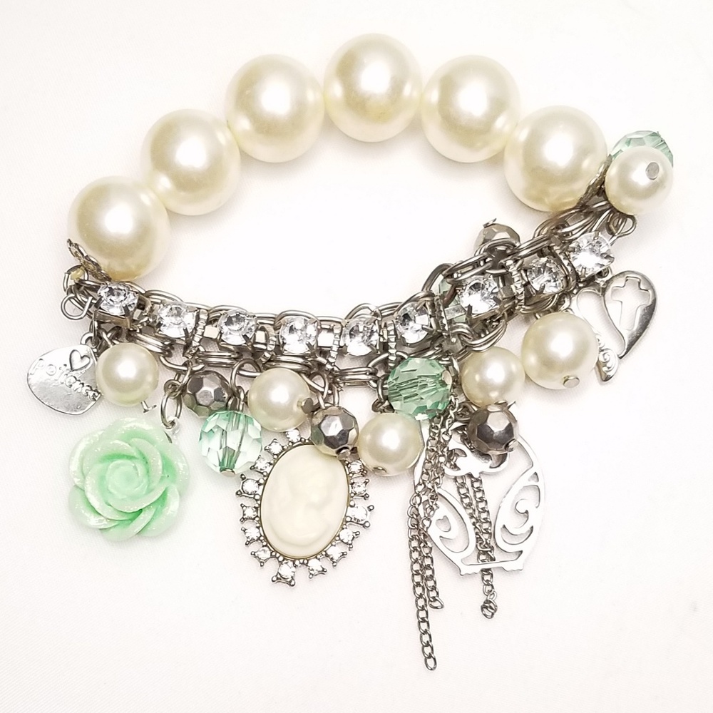 Lime Green Silver Owl Cameo Pearl Charm Bracelet